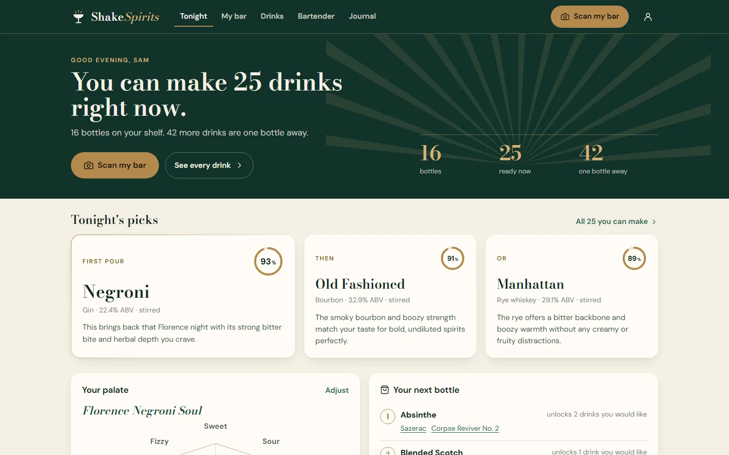 The Tonight screen in ShakeSpirits: three picks with match scores, a palate chart and the next bottle to buy.